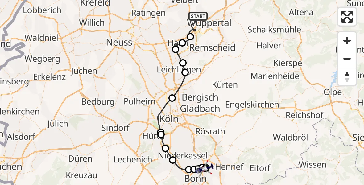 Flugroute Polizeihubschrauber Wuppertal - Sankt Augustin, 04 September 2026, 15:28