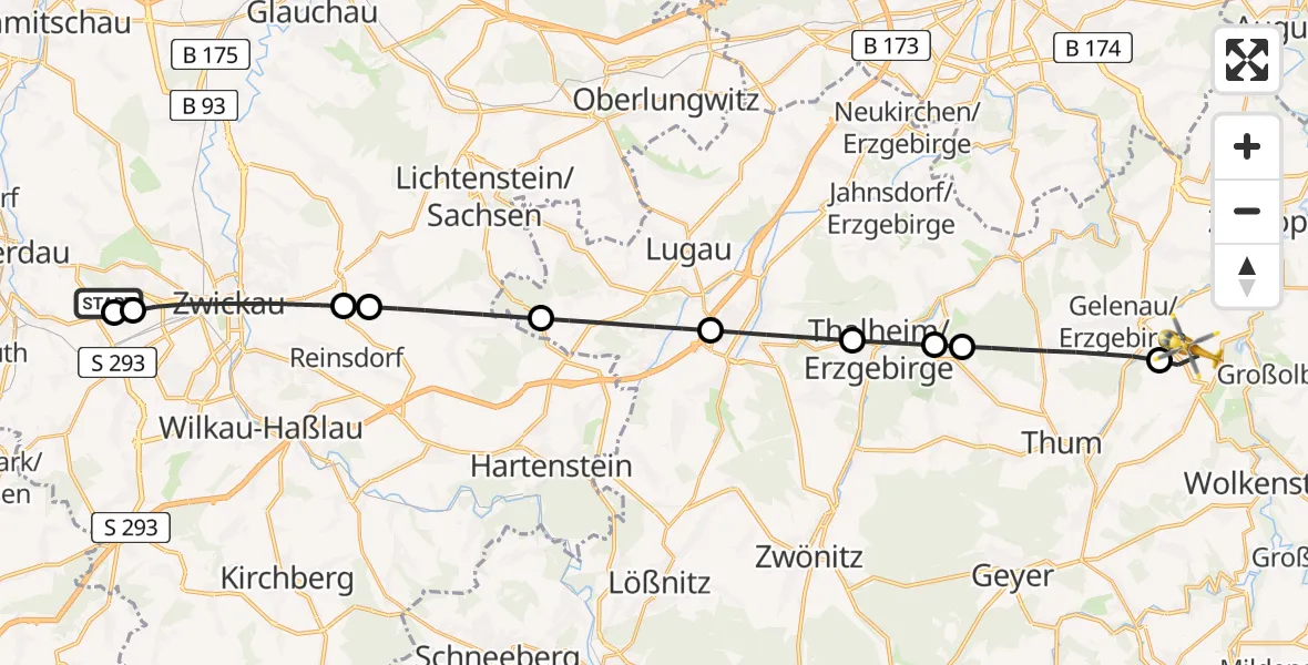 Flugroute Rettungshubschrauber ADAC Air Rescue Station Zwickau Hubschrauberlandeplatz - Drebach, 04 September 2026, 15:30
