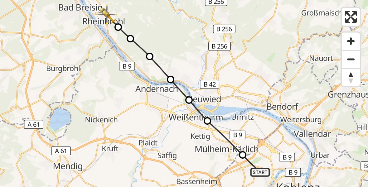 Flugroute Rettungshubschrauber Koblenz - Rheinbrohl, 04 September 2026, 15:38