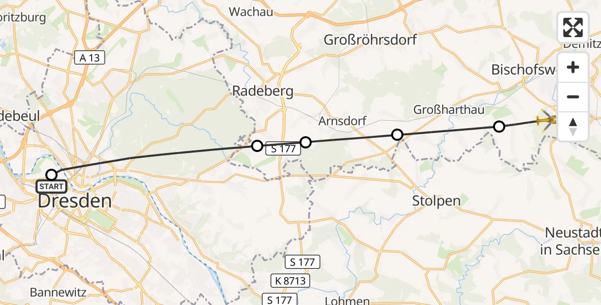 Flugroute Rettungshubschrauber Dresden Friedrichstadt Hospital - Schmölln-Putzkau, 04 September 2026, 15:57