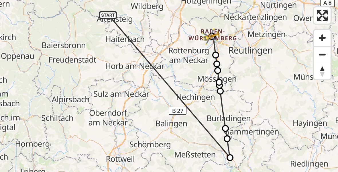 Flugroute Ambulanzhubschrauber Altensteig - Tübingen Trauma Hospital, 04 September 2026, 15:58
