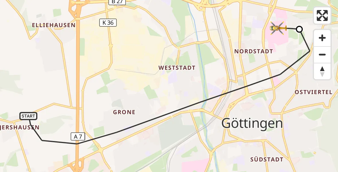 Flugroute Rettungshubschrauber Göttingen - Göttingen University Clinic Hubschrauberlandeplatz, 04 September 2026, 16:04