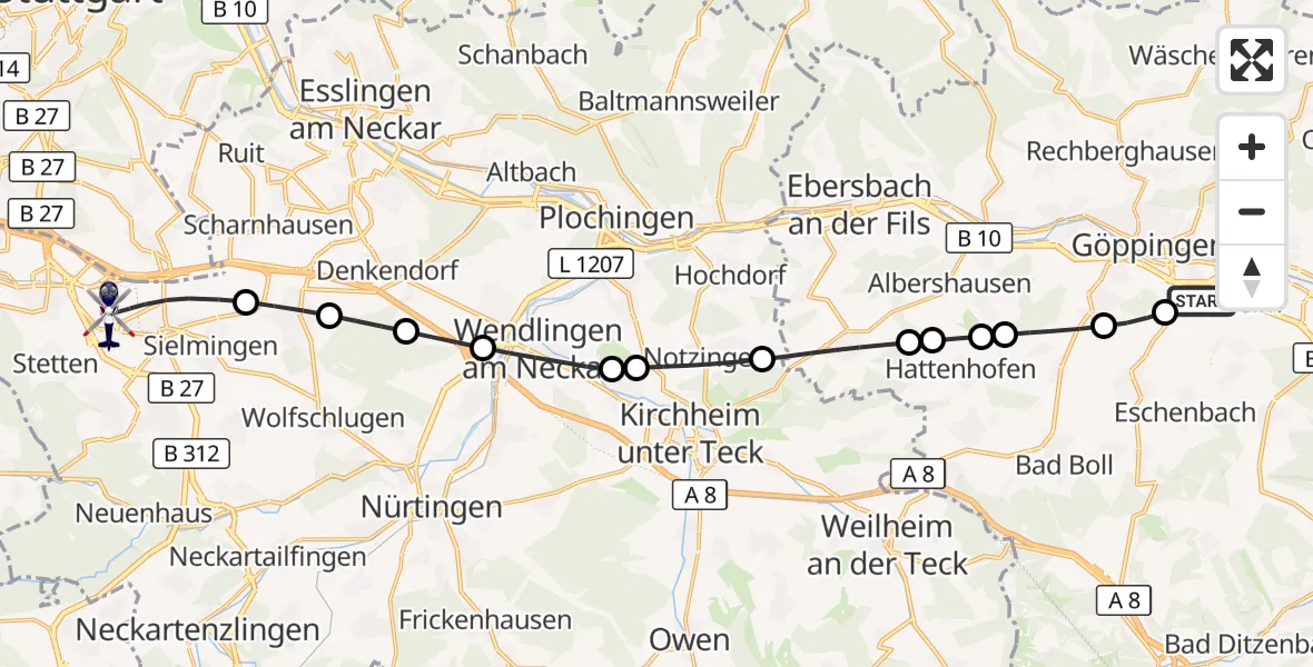 Flugroute Polizeihubschrauber Göppingen - Flughafen Stuttgart, 04 September 2026, 16:04