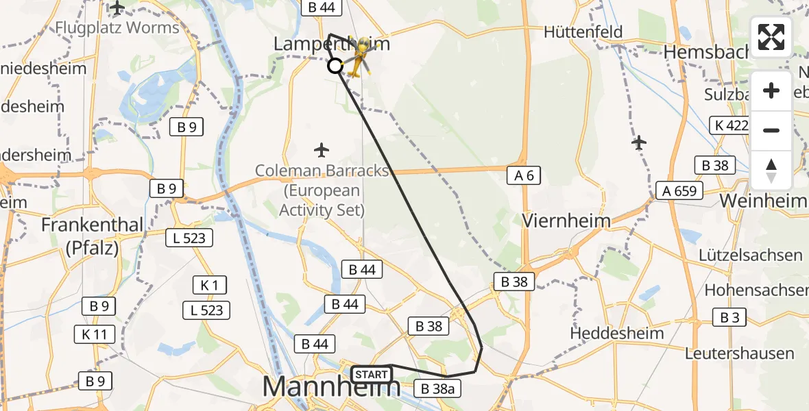 Flugroute Rettungshubschrauber Mannheim - Lampertheim, 04 September 2026, 16:04