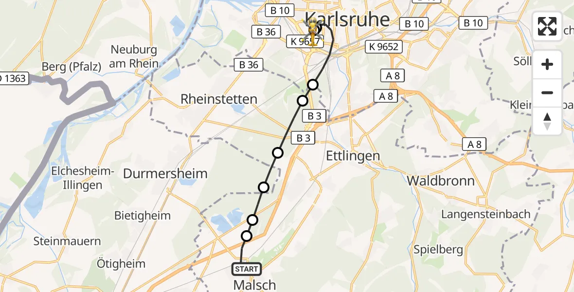 Flugroute Ambulanzhubschrauber Malsch - Sankt Vincentius Hospital, 04 September 2026, 16:07