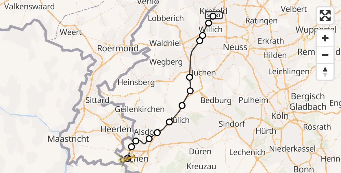 Flugroute Rettungshubschrauber Helios Clinic Krefeld - Aachen Hospital, 04 September 2026, 16:07