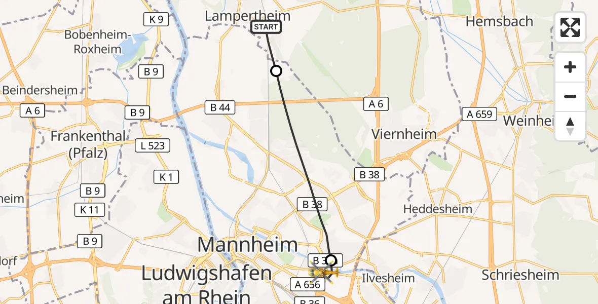 Flugroute Rettungshubschrauber Lampertheim - Mannheim-City Flughafen, 04 September 2026, 16:27