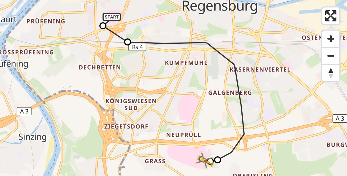 Flugroute Rettungshubschrauber Barmherzige Brüder (Brothers of Mercy) Hospital Regensburg - DRF Air Rescue Station Regensburg / Regensburg University Hospital, 04 September 2026, 16:27