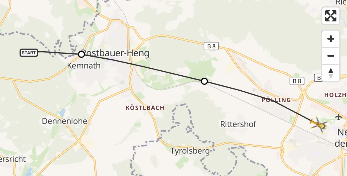 Flugroute Ambulanzhubschrauber Pyrbaum - Neumarkt-Oberpfalz Flugplatz, 04 September 2026, 16:30