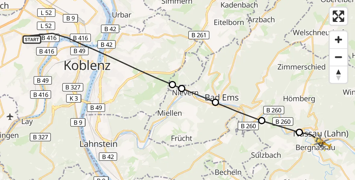 Flugroute Rettungshubschrauber Koblenz - Nassau, 04 September 2026, 16:33