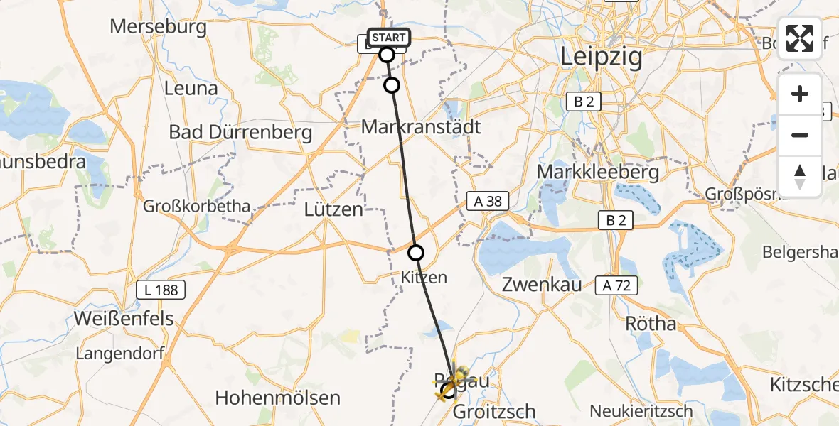 Flugroute Rettungshubschrauber ADAC Air Rescue Station Leipzig/Schkeuditz-Dölzig Hubschrauberlandeplatz (Christoph 61) - Pegau, 04 September 2026, 16:34