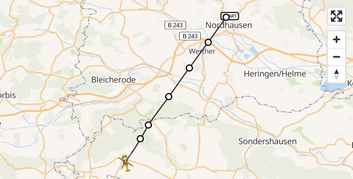 Flugroute Rettungshubschrauber Südharz Hospital Nordhausen - Helbedündorf, 04 September 2026, 16:37