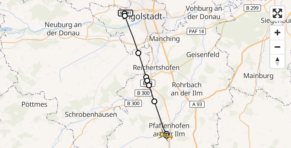 Flugroute Rettungshubschrauber Ingolstadt Hospital - Ilmtal Hospital Pfaffenhofen, 04 September 2026, 16:39