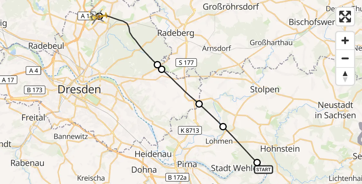 Flugroute Rettungshubschrauber Rathen - Dresden Bundespolizei Hubschrauberlandeplatz, 04 September 2026, 16:40