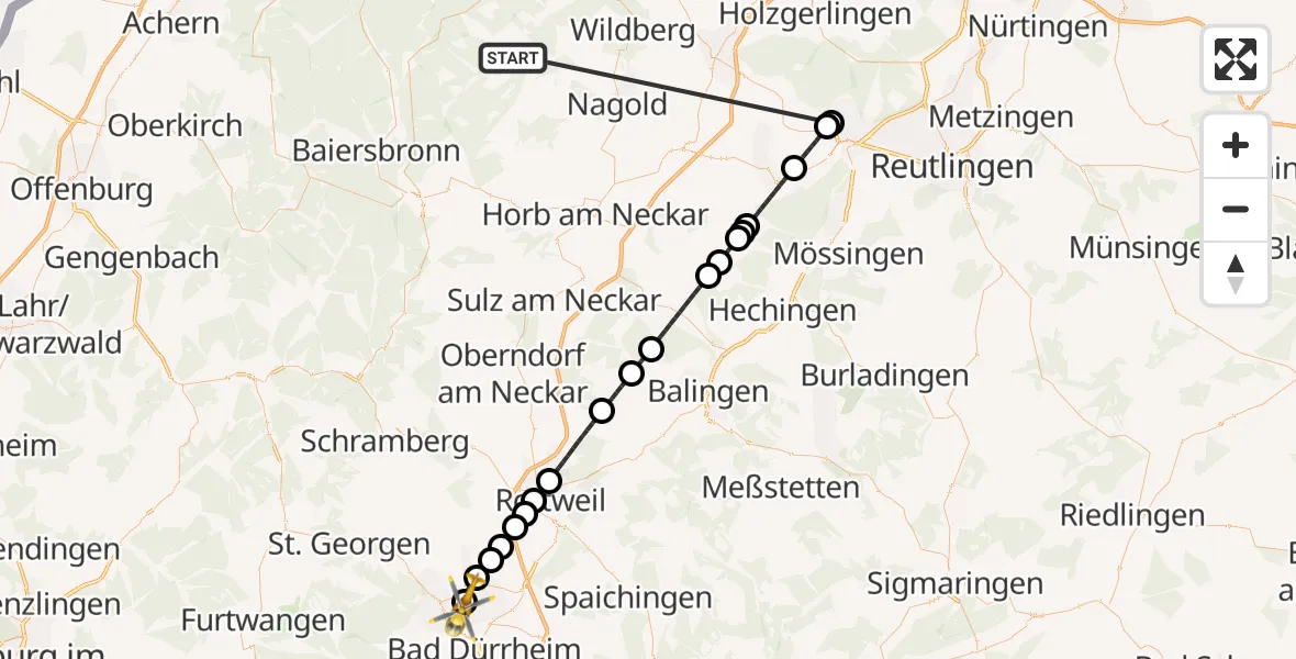 Flugroute Ambulanzhubschrauber Altensteig - DRF Air Rescue Station Villingen-Schwenningen Hubschrauberlandeplatz (Christoph 11), 04 September 2026, 16:50