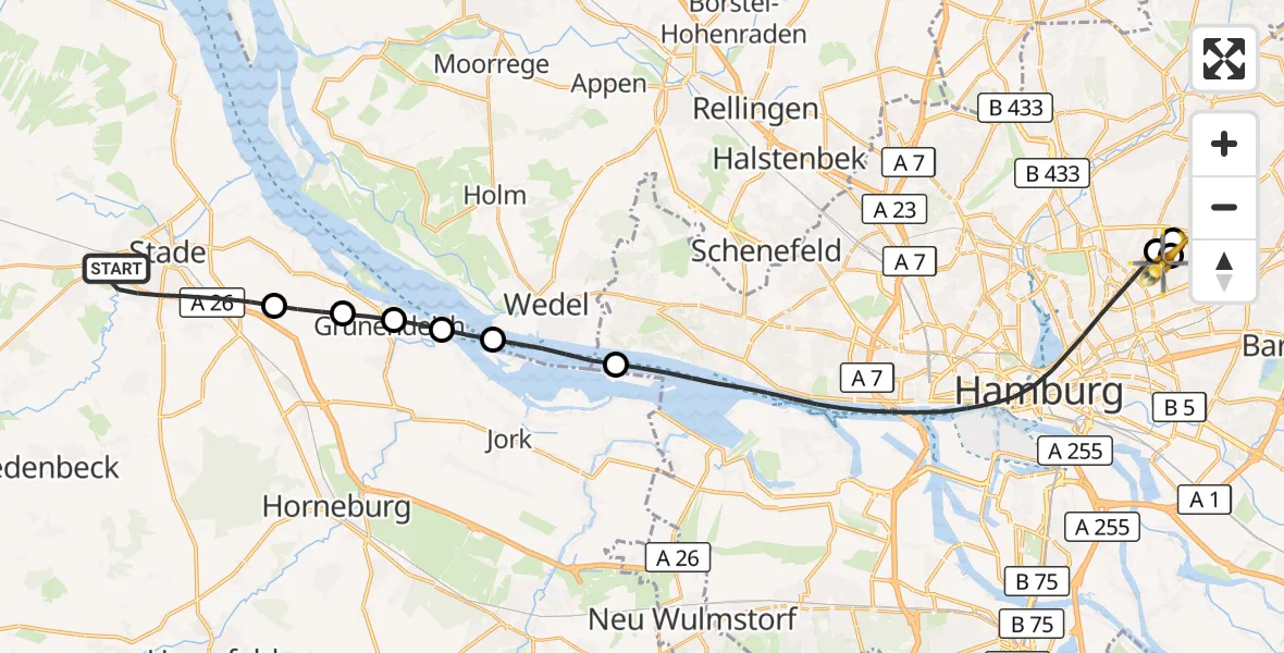 Flugroute Rettungshubschrauber Stade - Hamburg Military Hospital, 04 September 2026, 16:58