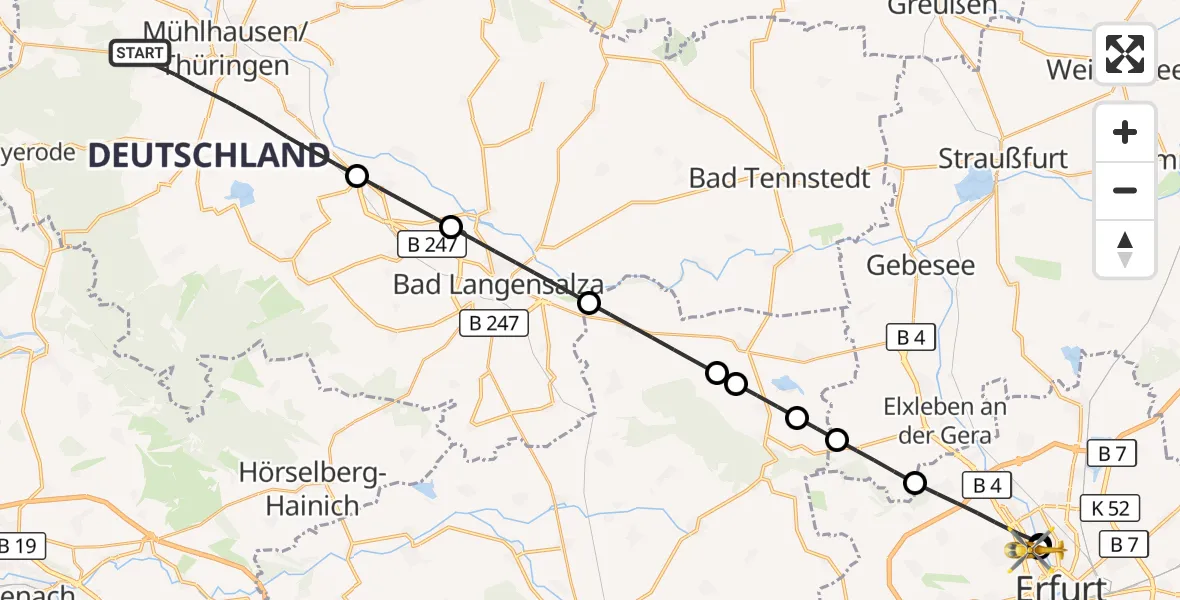 Flugroute Ambulanzhubschrauber Mühlhausen/Thüringen - Helios Clinic Erfurt, 04 September 2026, 17:01