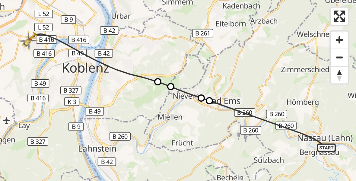 Flugroute Rettungshubschrauber Nassau - Koblenz, 04 September 2026, 17:02