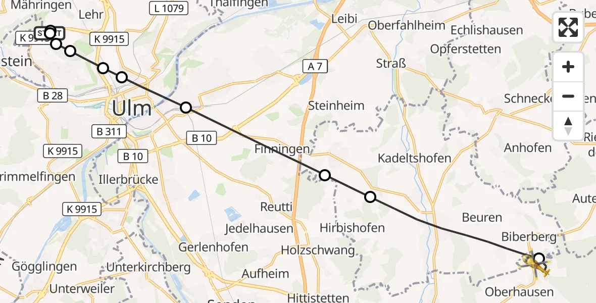 Flugroute Rettungshubschrauber Ulm Military Hospital Emergency - Weißenhorn, 04 September 2026, 17:11