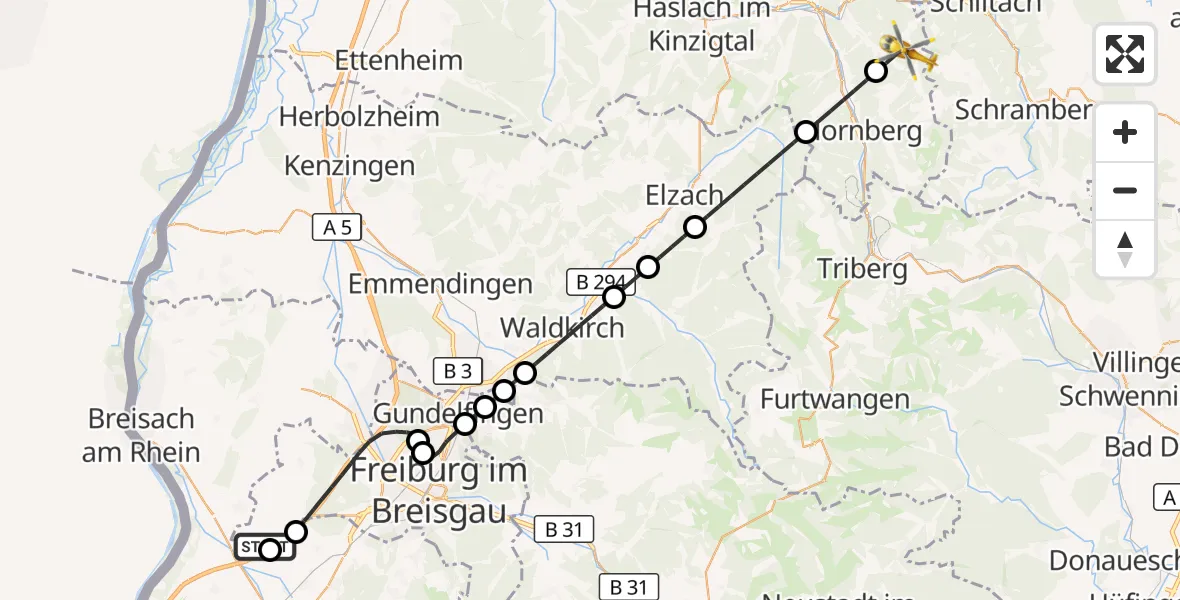Flugroute Ambulanzhubschrauber Freiburg im Breisgau - Wolfach, 04 September 2026, 17:13