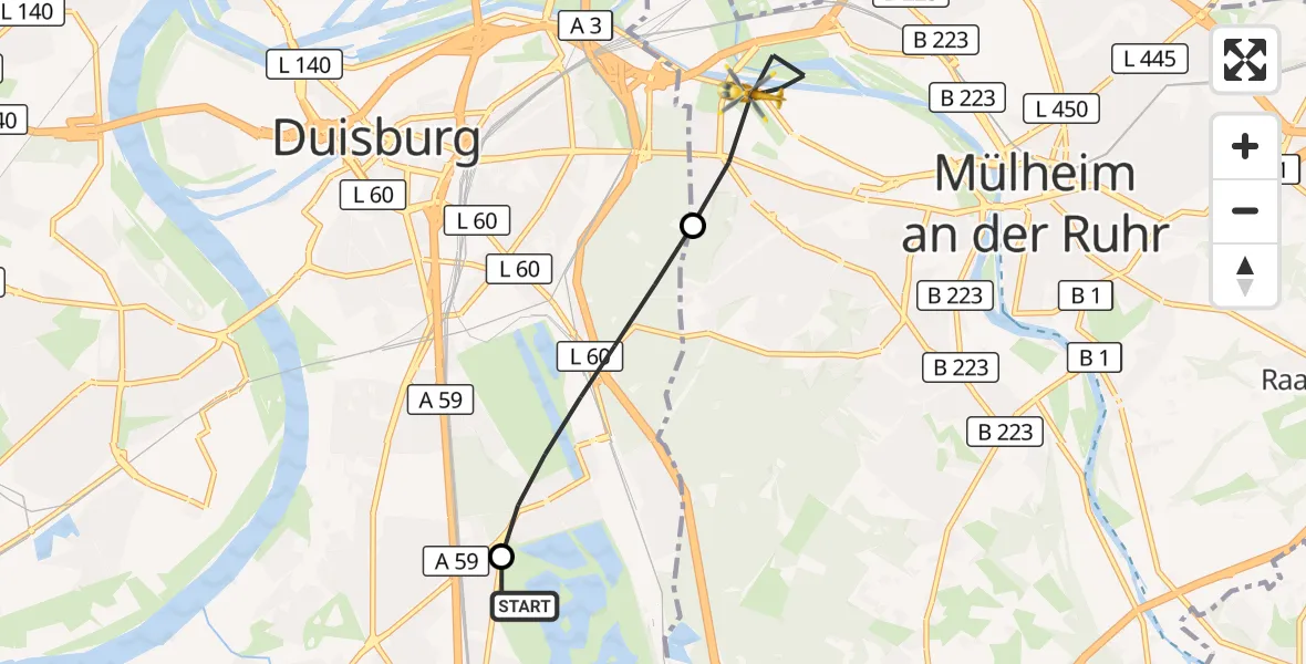 Flugroute Rettungshubschrauber Duisburg Air Rescue Hubschrauberlandeplatz (Christoph 9) - Mülheim an der Ruhr, 04 September 2026, 17:13