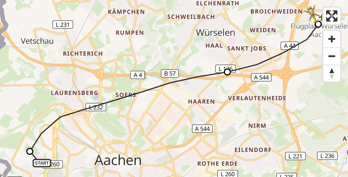 Flugroute Rettungshubschrauber Aachen Hospital - Aachen-Merzbrück Flughafen, 04 September 2026, 17:14