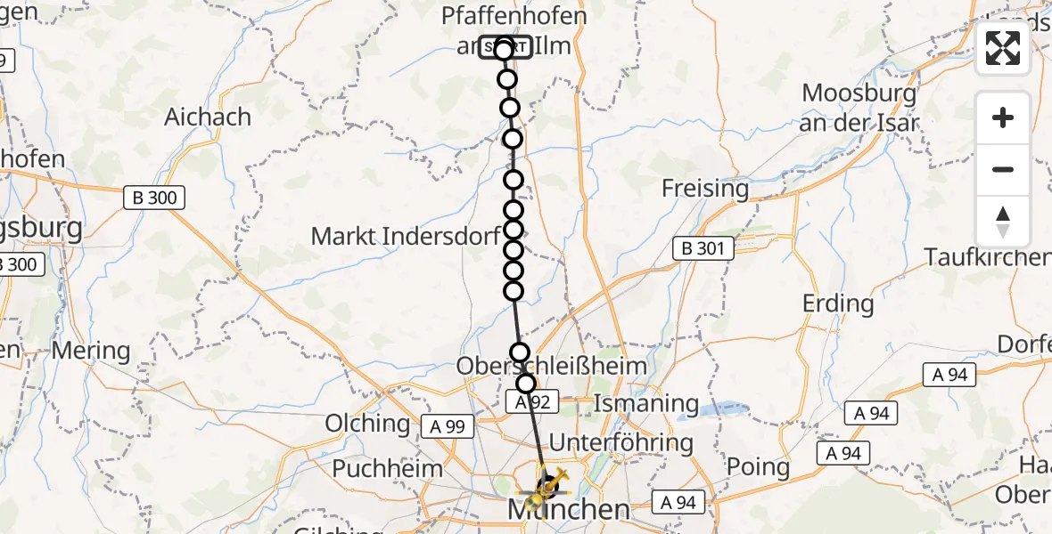 Flugroute Rettungshubschrauber Ilmtal Hospital Pfaffenhofen - Deutsches Herzzentrum München, 04 September 2026, 17:18