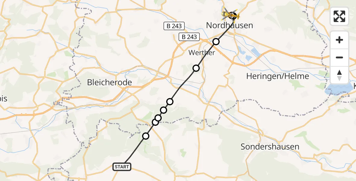 Flugroute Rettungshubschrauber Helbedündorf - Südharz Hospital Nordhausen, 04 September 2026, 17:18