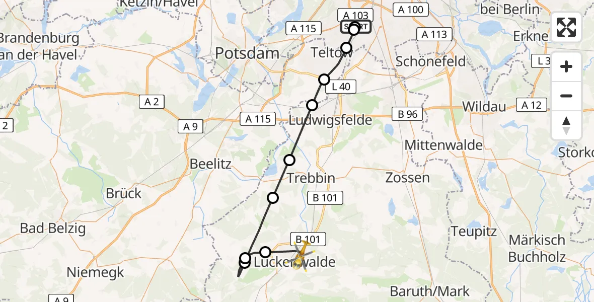 Flugroute Rettungshubschrauber Charité Clinic Benjamin Franklin Campus - Luckenwalde, 04 September 2026, 17:19