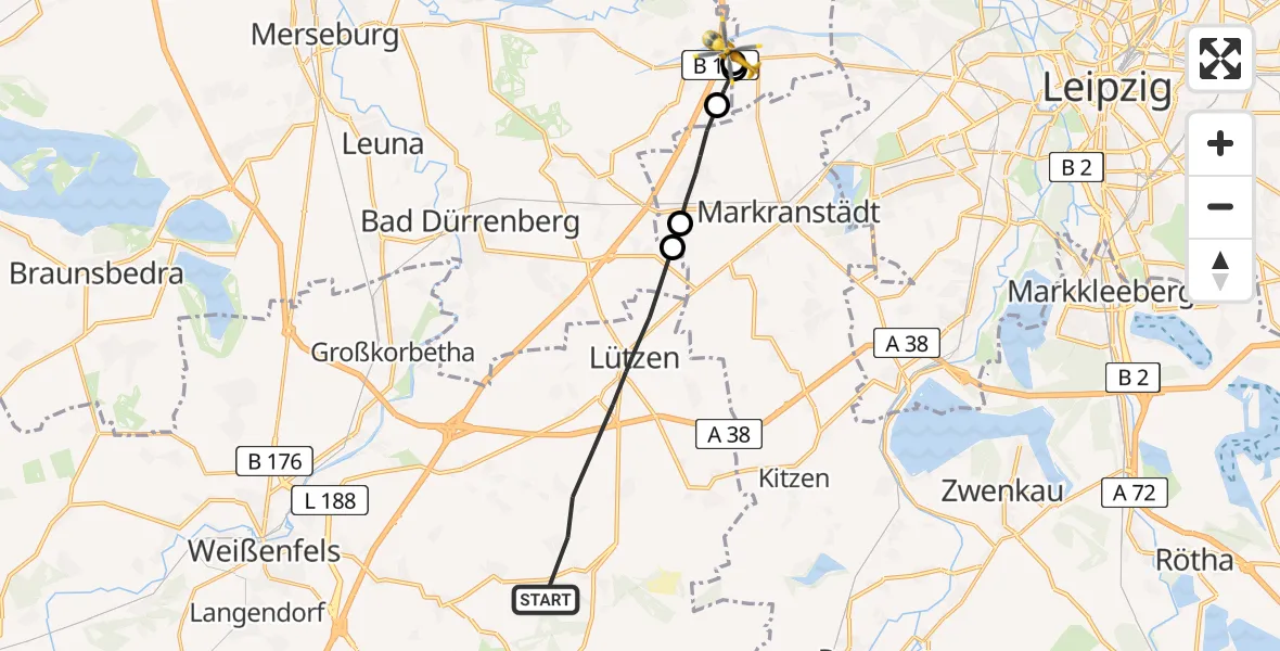 Flugroute Rettungshubschrauber Lützen - ADAC Air Rescue Station Leipzig/Schkeuditz-Dölzig Hubschrauberlandeplatz (Christoph 61), 04 September 2026, 17:21
