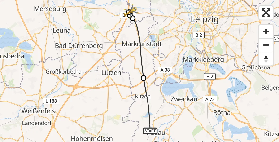 Flugroute Rettungshubschrauber Pegau - ADAC Air Rescue Station Leipzig/Schkeuditz-Dölzig Hubschrauberlandeplatz (Christoph 61), 04 September 2026, 17:24