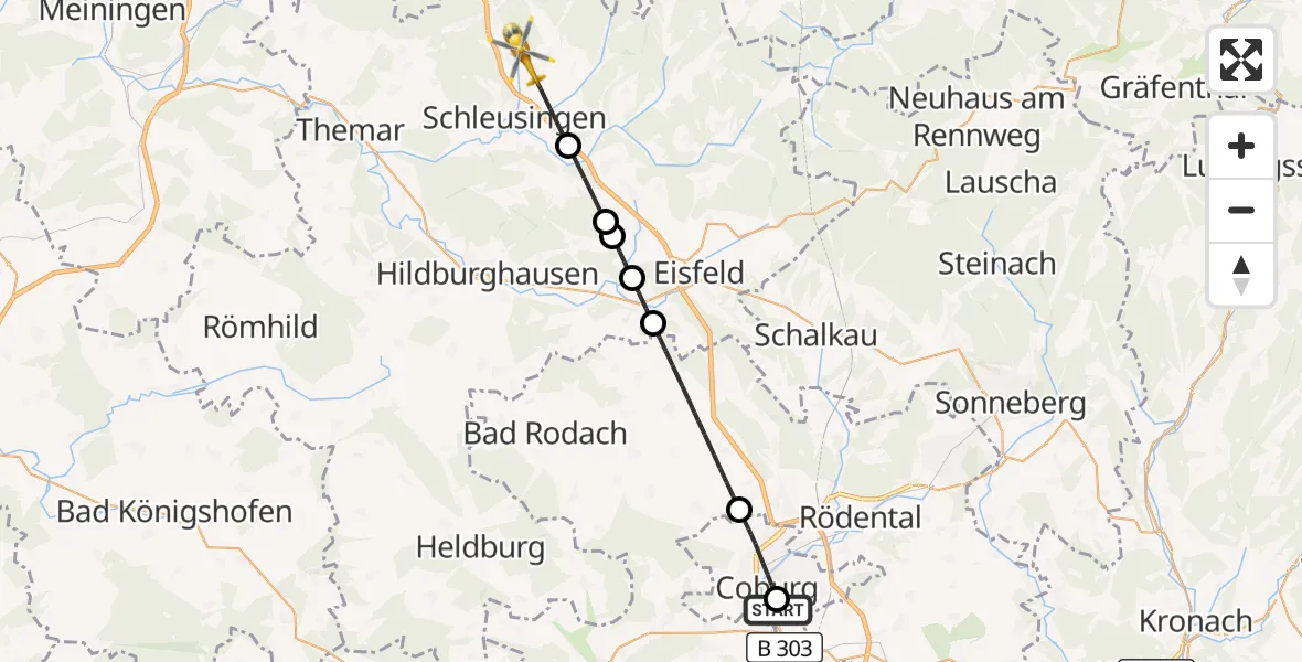 Flugroute Rettungshubschrauber Regiomed Hospital Coburg - Schleusingen, 04 September 2026, 17:27