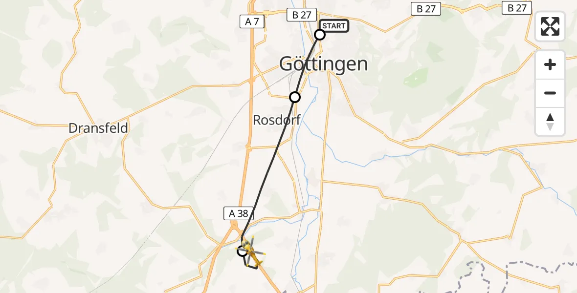 Flugroute Rettungshubschrauber Göttingen University Clinic Hubschrauberlandeplatz - Friedland, 04 September 2026, 17:31