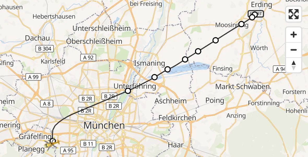 Flugroute Rettungshubschrauber Erding District Hospital - DRF Air Rescue München Hubschrauberlandeplatz, 04 September 2026, 17:32