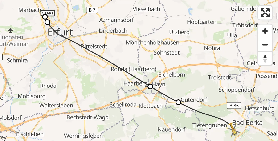 Flugroute Ambulanzhubschrauber Helios Clinic Erfurt - DRF Rettungsstation Bad Berka Hubschrauberlandeplatz, 04 September 2026, 17:37