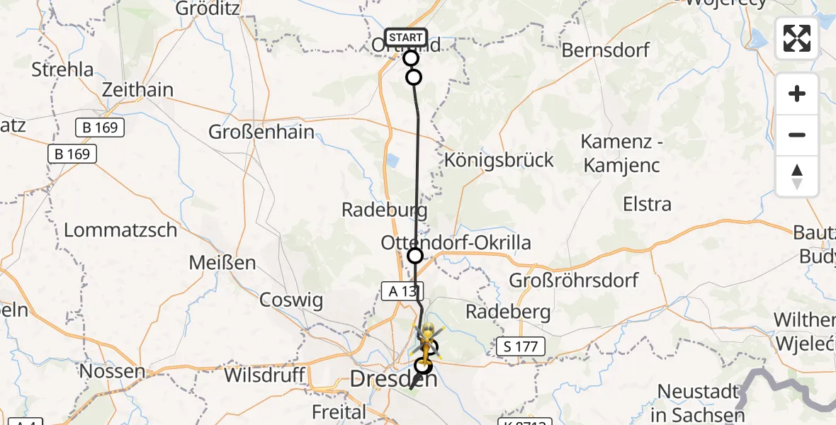 Flugroute Rettungshubschrauber Ortrand - Dresden, 04 September 2026, 17:38