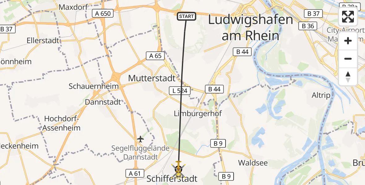 Flugroute Rettungshubschrauber Ludwigshafen am Rhein - Schifferstadt, 04 September 2026, 17:48