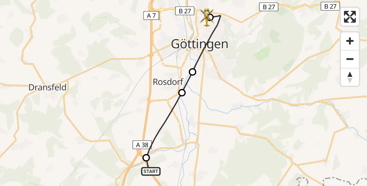 Flugroute Rettungshubschrauber Friedland - Göttingen University Clinic Hubschrauberlandeplatz, 04 September 2026, 18:01