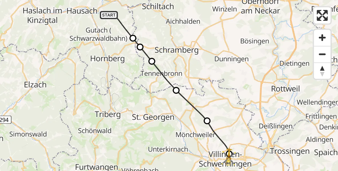 Flugroute Ambulanzhubschrauber Wolfach - DRF Air Rescue Station Villingen-Schwenningen Hubschrauberlandeplatz (Christoph 11), 04 September 2026, 18:03