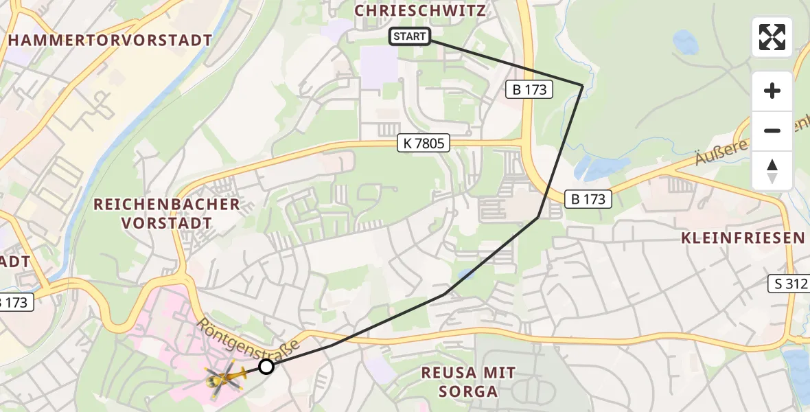 Flugroute Rettungshubschrauber Plauen - Helios Clinic Plauen, 04 September 2026, 18:05