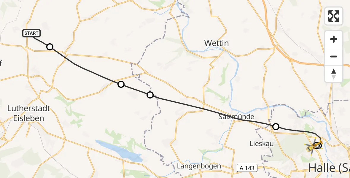 Flugroute Rettungshubschrauber Gerbstedt - Halle (Saale) University Hospital, 04 September 2026, 18:07
