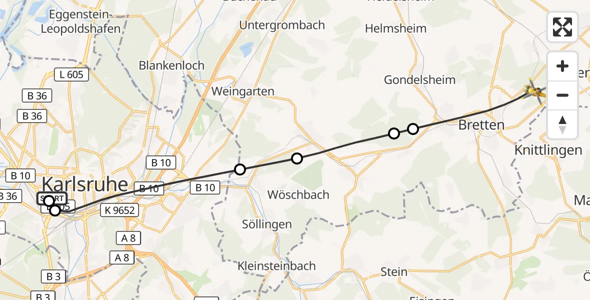 Flugroute Ambulanzhubschrauber Sankt Vincentius Hospital - Bretten, 04 September 2026, 18:10
