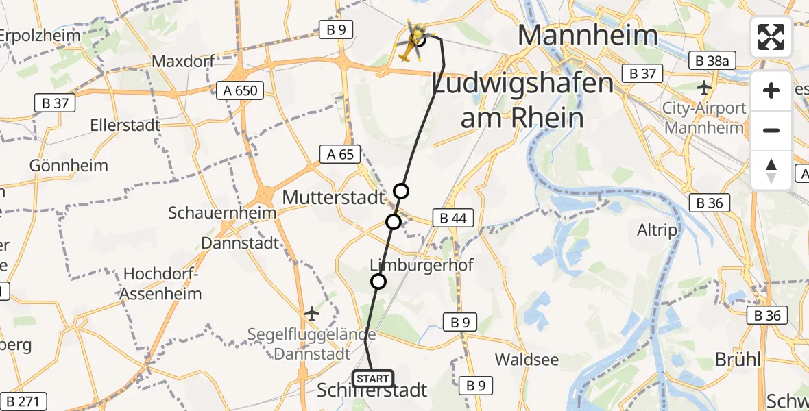 Flugroute Rettungshubschrauber Schifferstadt - Ludwigshafen Accident Hospital, 04 September 2026, 18:20