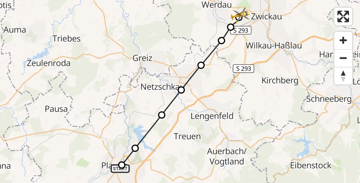 Flugroute Rettungshubschrauber Helios Clinic Plauen - ADAC Air Rescue Station Zwickau Hubschrauberlandeplatz, 04 September 2026, 18:28