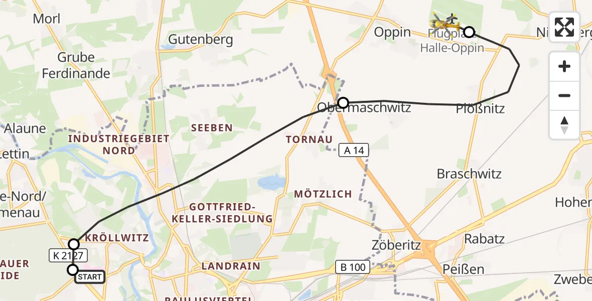 Flugroute Rettungshubschrauber Halle (Saale) University Hospital - Halle-Oppin Flugplatz, 04 September 2026, 18:34
