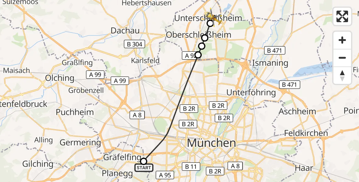 Flugroute Rettungshubschrauber DRF Air Rescue München Hubschrauberlandeplatz - Unterschleißheim, 04 September 2026, 18:36