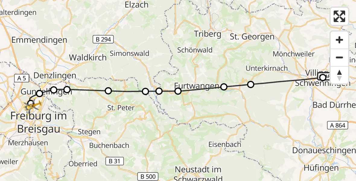 Flugroute Ambulanzhubschrauber DRF Air Rescue Station Villingen-Schwenningen Hubschrauberlandeplatz (Christoph 11) - Freiburg im Breisgau Flugplatz, 04 September 2026, 18:39