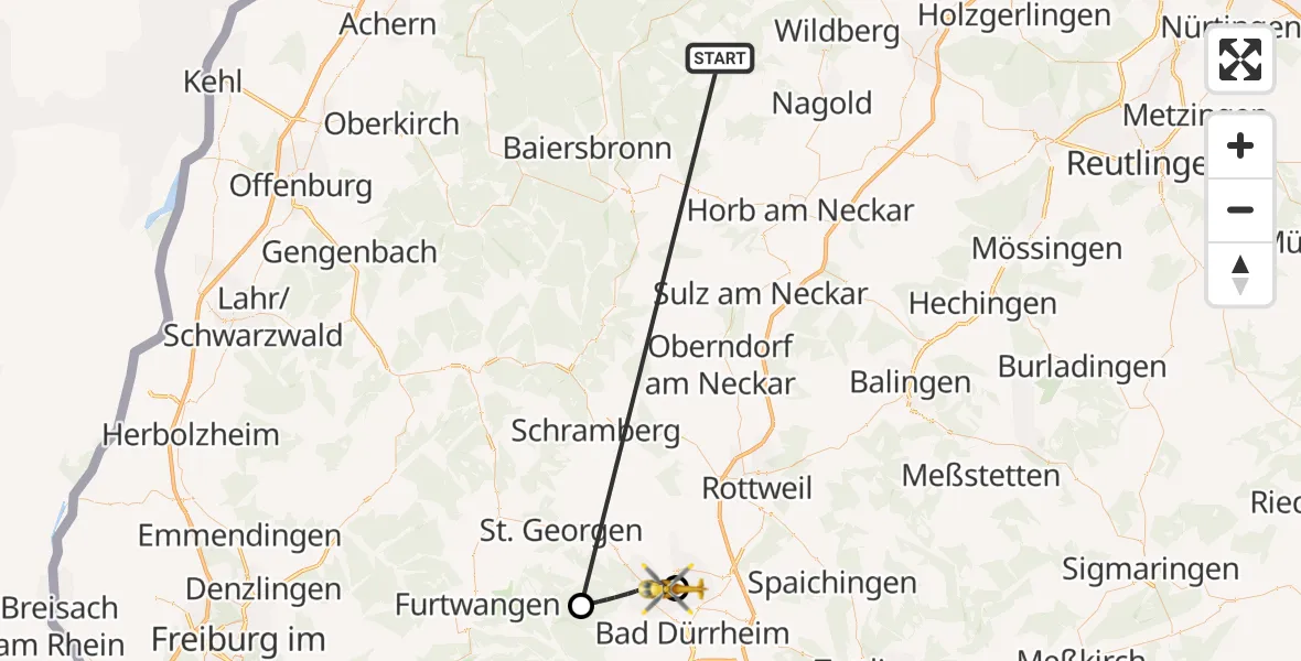 Flugroute Ambulanzhubschrauber Altensteig - DRF Air Rescue Station Villingen-Schwenningen Hubschrauberlandeplatz (Christoph 11), 04 September 2026, 18:45