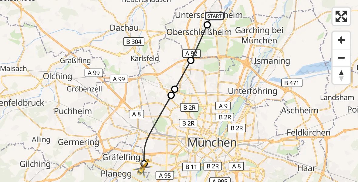 Flugroute Rettungshubschrauber Unterschleißheim - DRF Air Rescue München Hubschrauberlandeplatz, 04 September 2026, 19:14