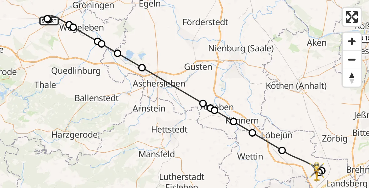 Flugroute Rettungshubschrauber AMEOS Hospital Sankt Salvator Halberstadt - Halle-Oppin Flugplatz, 04 September 2026, 19:42